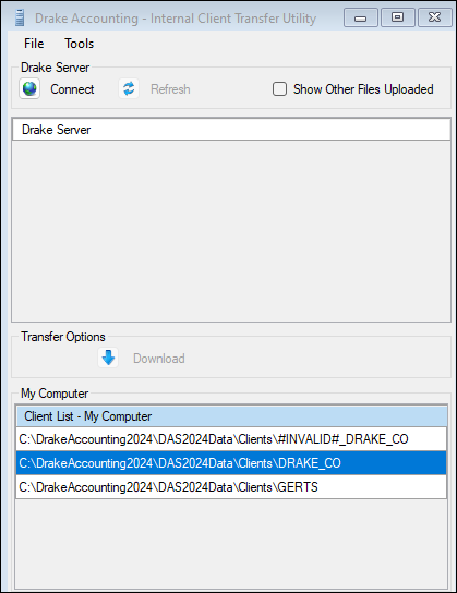 Client transfer utility window